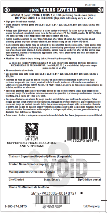 Image of Back of Texas Loteria Ticket