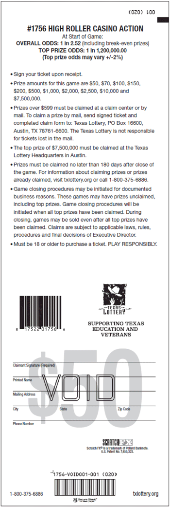 Image of Back of High Roller Casino Action Ticket