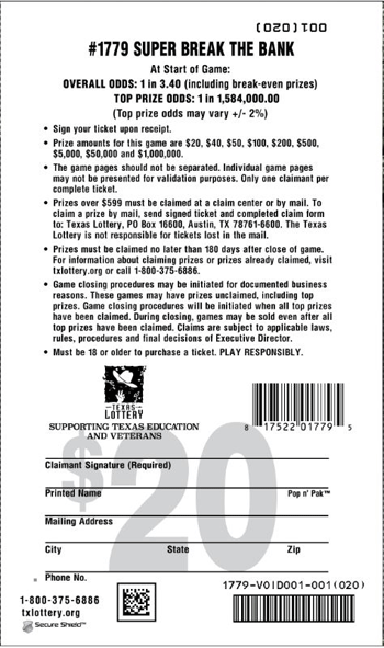 Image of Back of Super Break The Bank  Ticket