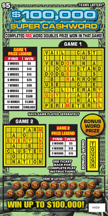 Image of Front of $100,000 Super Cashword Ticket