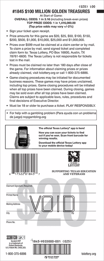 Image of Back of $100 Million Golden Treasures Ticket