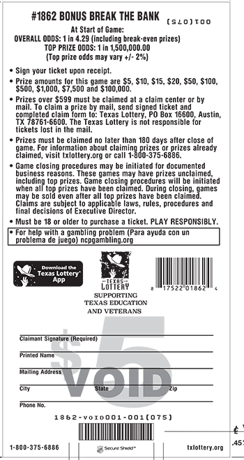 Image of Back of Bonus Break the Bank Ticket