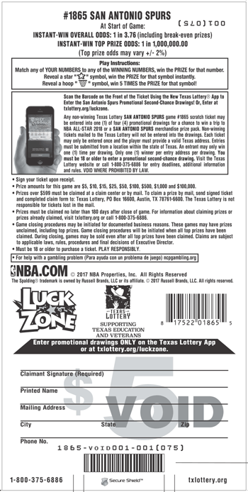 Image of Back of San Antonio Spurs Ticket