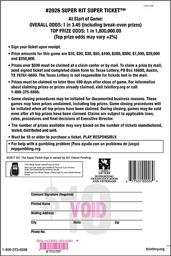 Image of Back of Super Hit Super Ticket&trade; Ticket