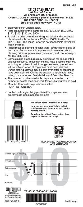 Image of Back of Cash Blast Ticket