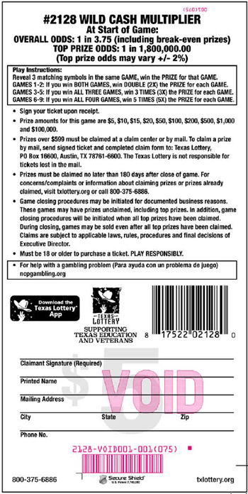 Image of Back of Wild Cash Multiplier Ticket