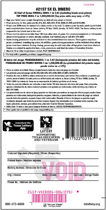 Image of Back of 5X El Dinero Ticket