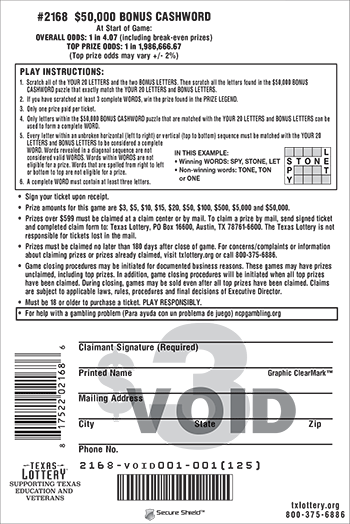 Image of Back of $50,000 Bonus Cashword Ticket