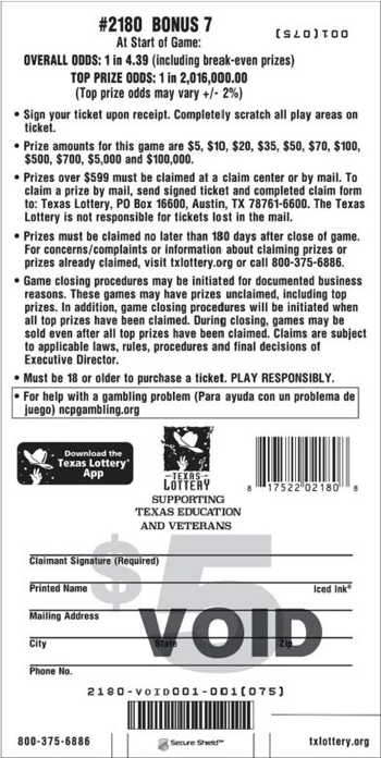 Image of Back of Bonus 7 Ticket