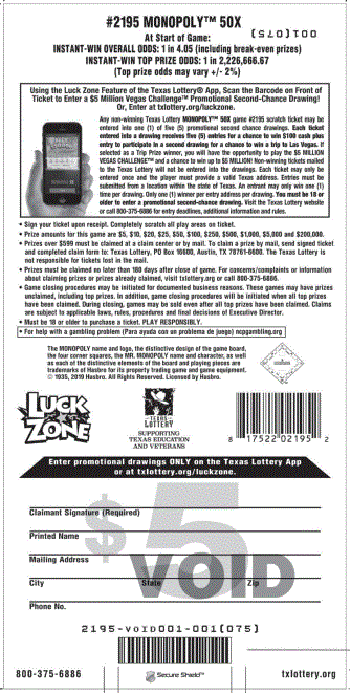 Image of Back of Monopoly&trade; 50X Ticket