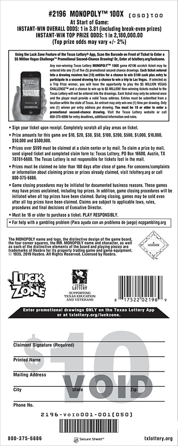 Image of Back of Monopoly&trade; 100X Ticket