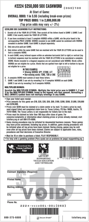 Image of Back of $250,000 50X Cashword Ticket