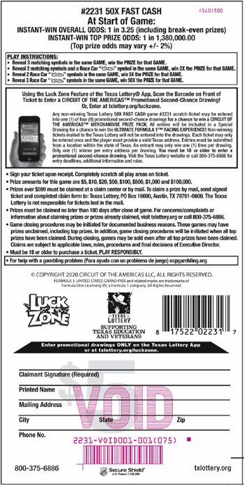 Image of Back of 50X Fast Cash Ticket