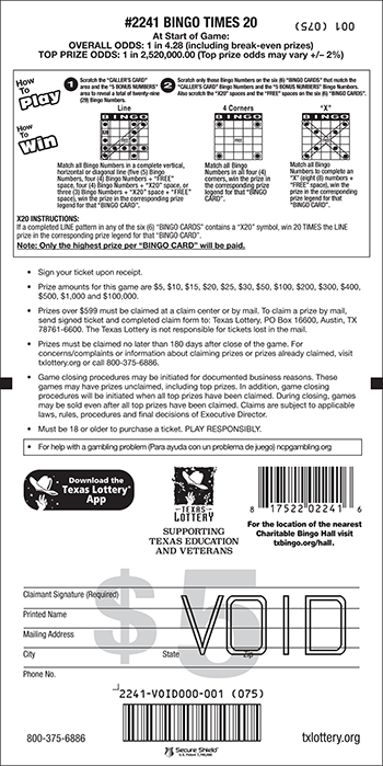 Image of Back of Bingo Times 20 Ticket