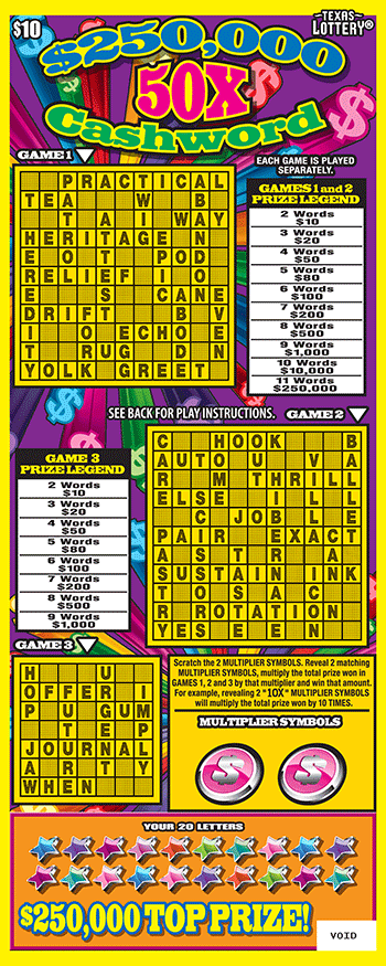 Image of Front of $250,000 50X Cashword Ticket