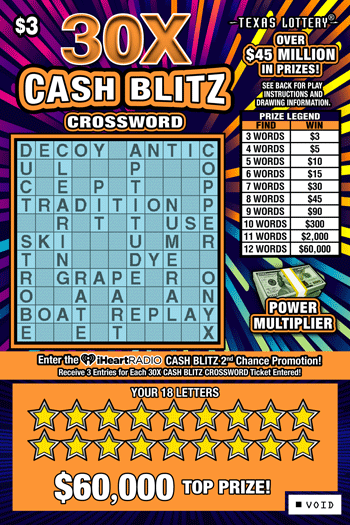 Image of Front of 30X Cash Blitz Crossword Ticket