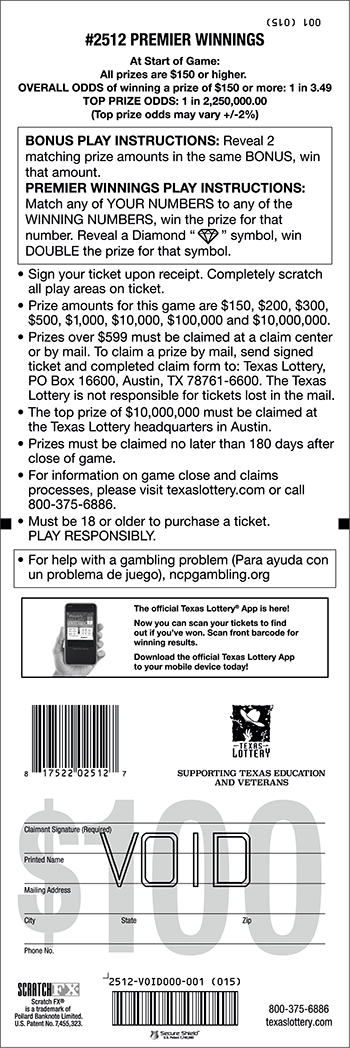 Image of Back of Premier Winnings Ticket