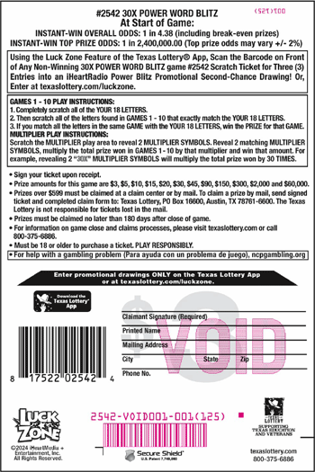Image of Back of 30X Power Word Blitz Ticket