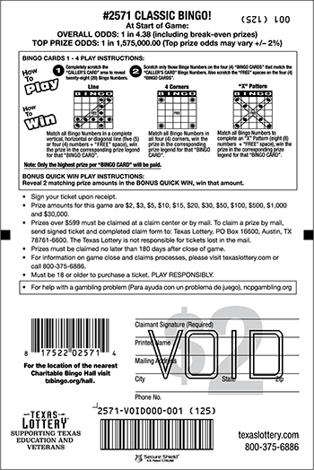 Image of Back of Classic Bingo! Ticket
