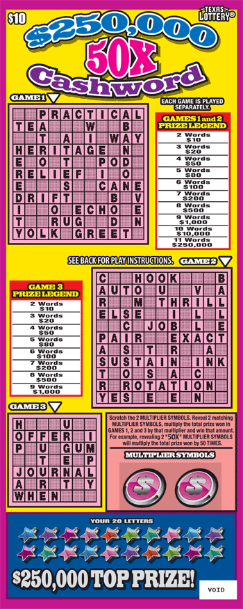 Image of Front of $250,000 50X Cashword Ticket