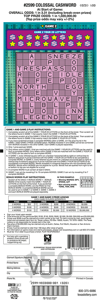 Image of Back of Colossal Cashword Ticket