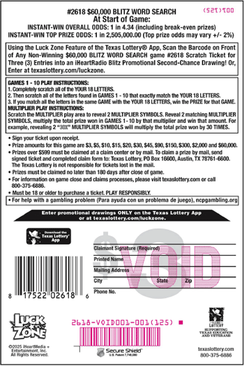 Image of Back of $60,000 Blitz Word Search Ticket