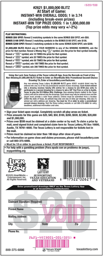 Image of Back of $1,000,000 Blitz Ticket