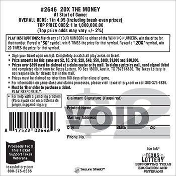 Image of Back of 20X The Money Ticket