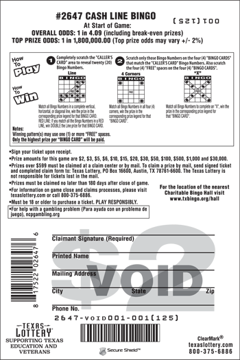 Image of Back of Cash Line Bingo Ticket