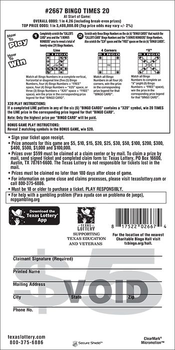 Image of Back of Bingo Times 20 Ticket