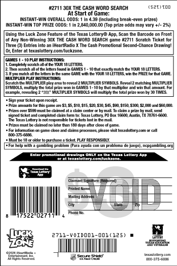 Image of Back of 30X The Cash Word Search Ticket