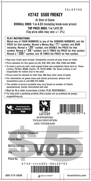 Image of Back of $500 Frenzy Ticket